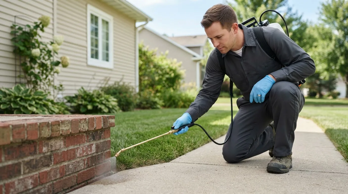 Pest control technician treating a home near Overland, MO