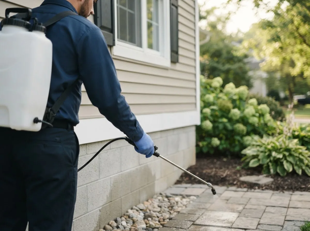 Pest control technician inspecting a home in Overland, MO